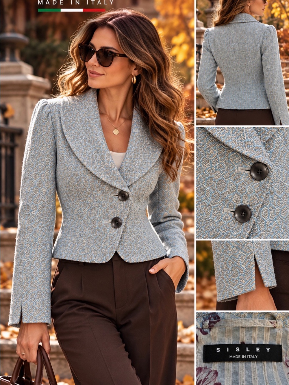 Sisley Made in Italy Blue Jacquard Asymmetrical Cropped Blazer